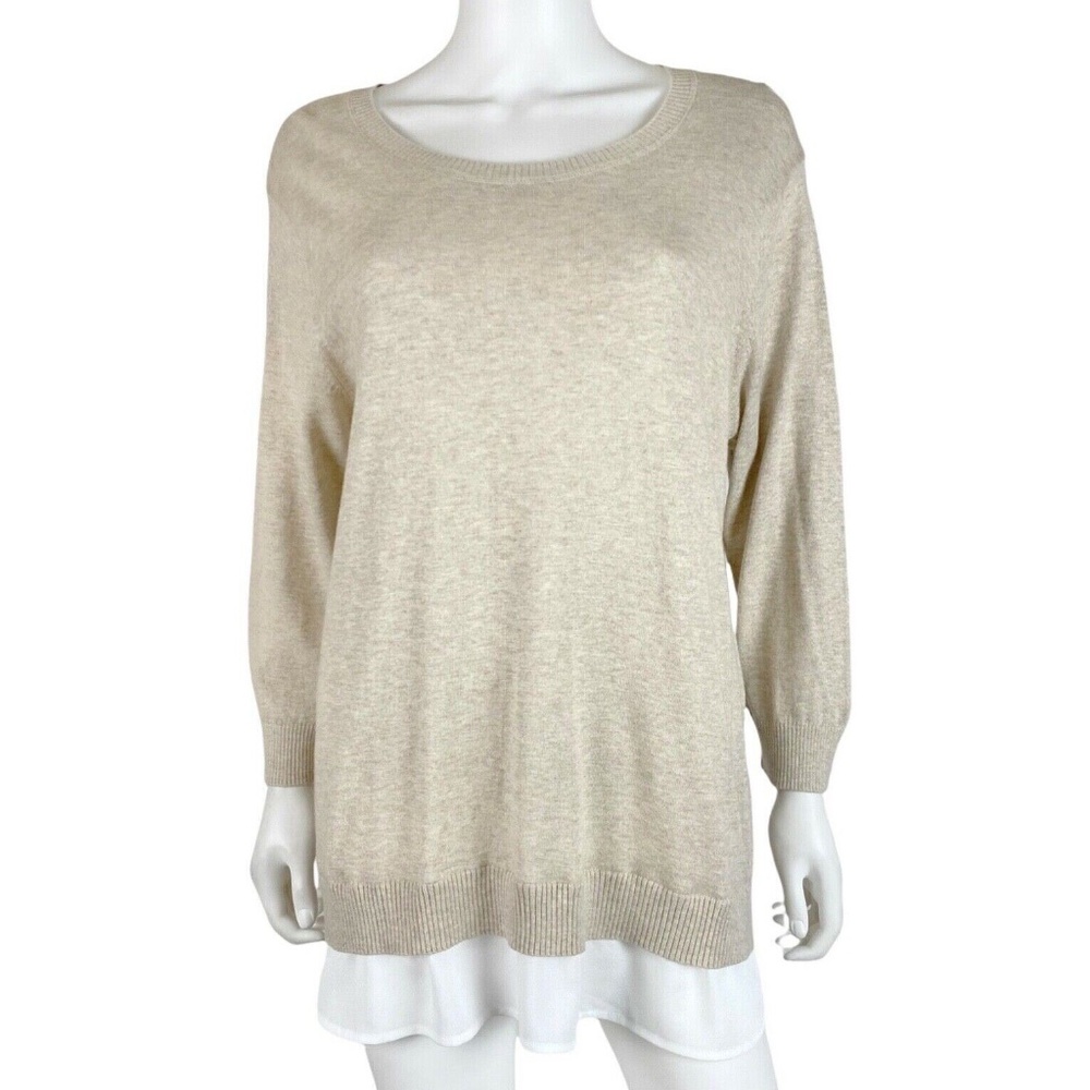 Calvin Klein 3/4 Sleeve Round Neck Beige Sweater with Woven Trim